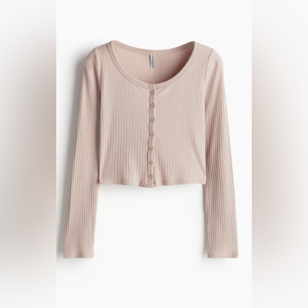 Ribbed Button-Front Top - Light dusty pink - Ladies H&M
